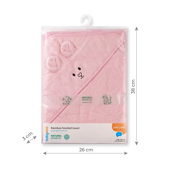 BABYONO Osuška s kapucňou a uškami Bamboo ružová 100x100 cm 1×1 ks, osuška s kapucňou