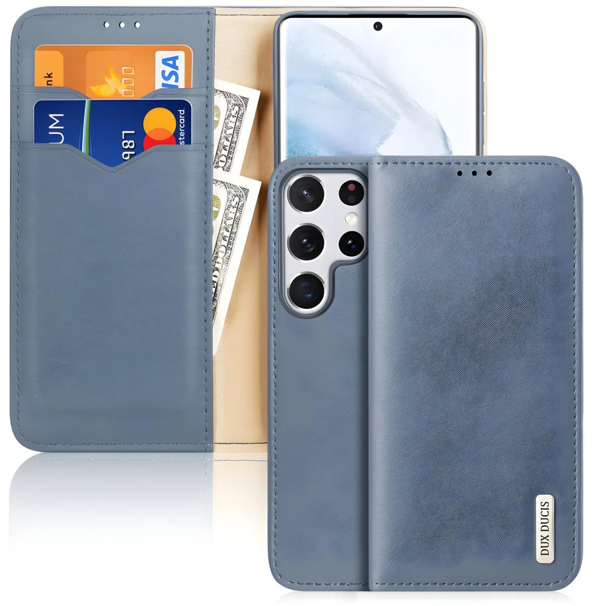 Kožené puzdro pre Samsung Galaxy S22 Ultra - Modrá Elegantné puzdro s prak