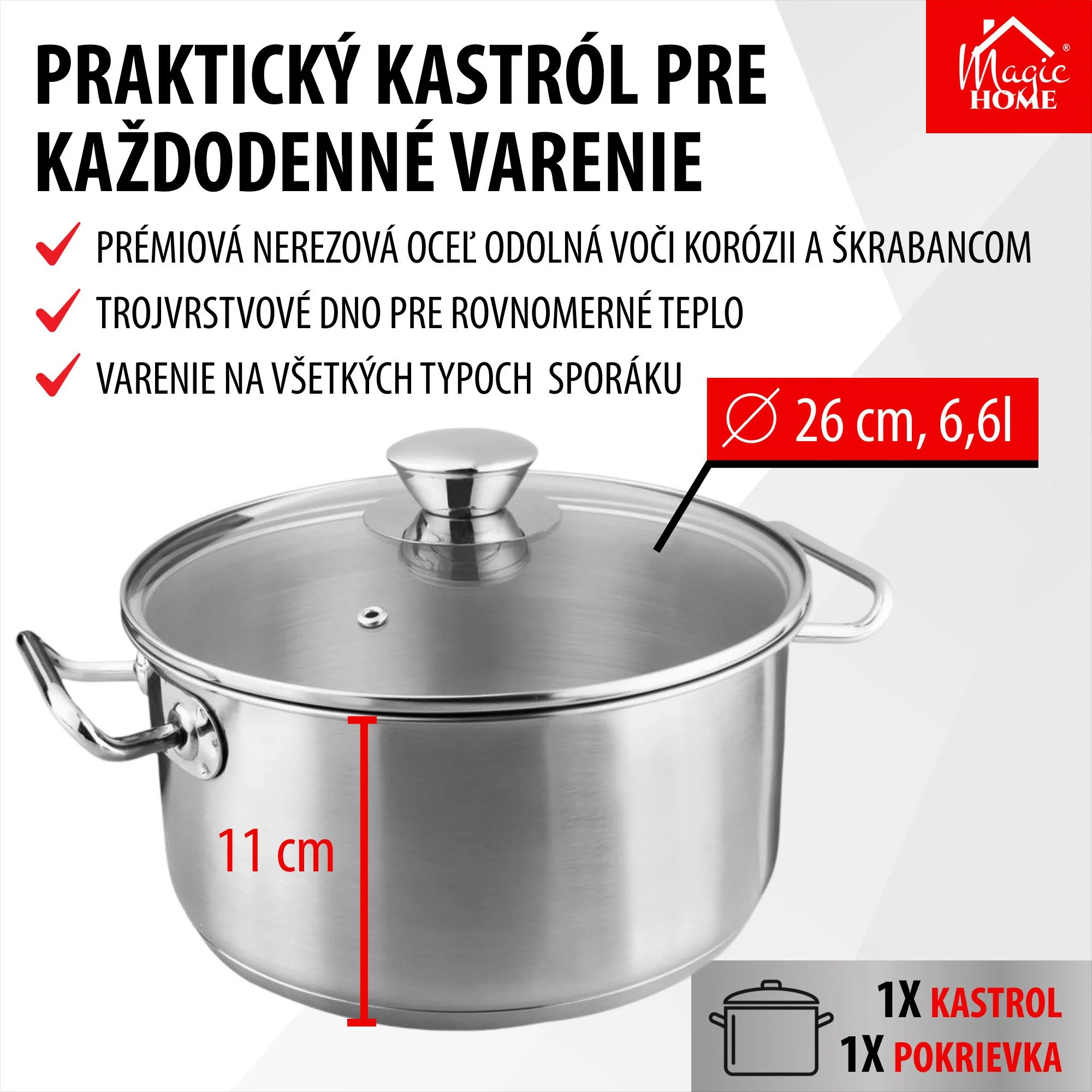 MagicHome kastról Chloe, 1 ks Hrniec, 26 cm, 6,6 l, so sklenenou pokrievkou, nerez