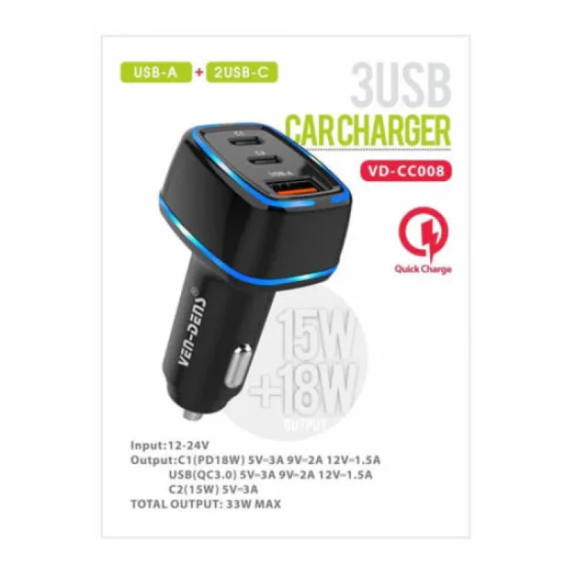 USB-A + 2x USB-C Autonabíjačka - Čierna Tri porty, rýchle nabíjanie