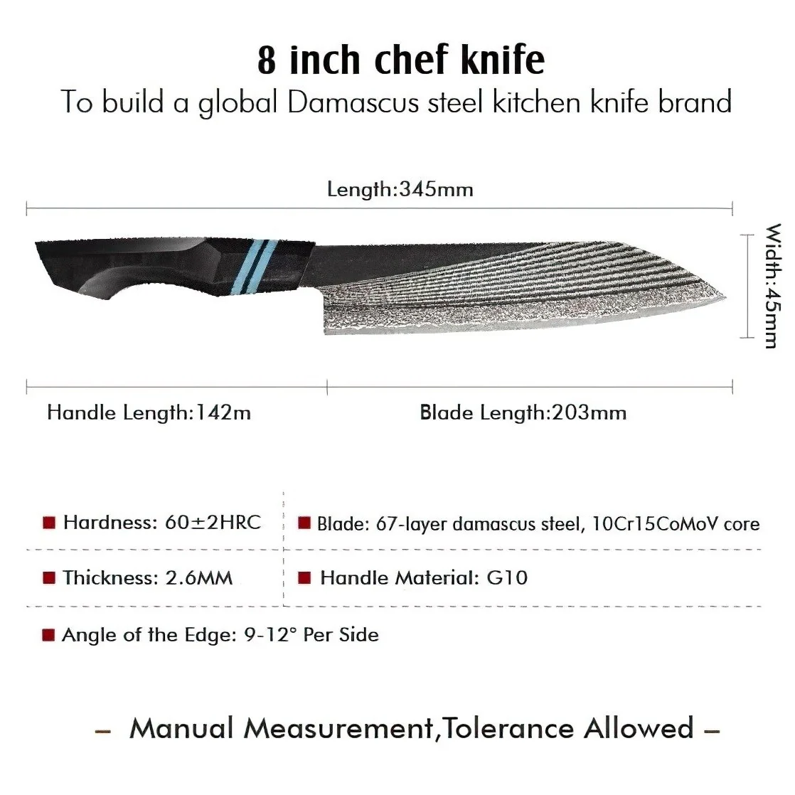 Damaškový kuchynský nôž Zetsurin-Kiritsuke 20,3 cm čepeľ, HRC60±2