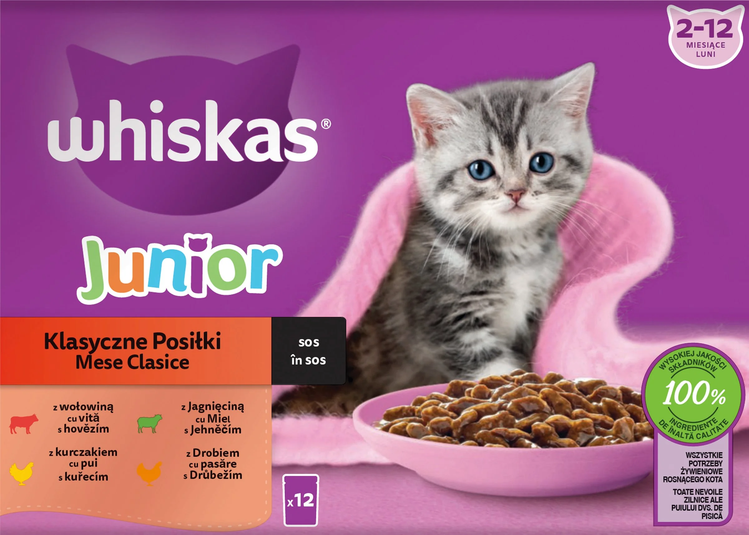 WHISKAS Kapsička Junior mixovaný výber v šťave 12pack 12×85g, kapsička pre mačiatka