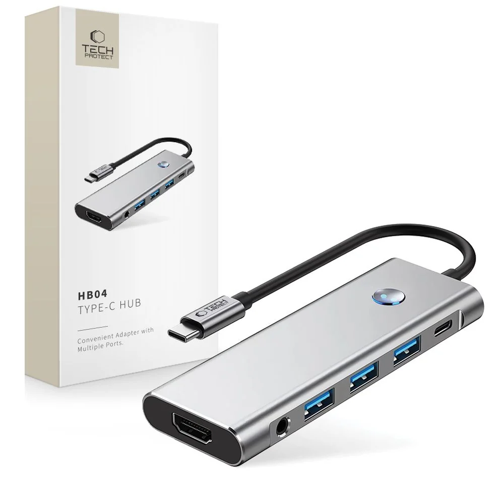Tech-Protect HB04 HUB adaptér USB-C - 3x USB / HDMI 4K / SD / TF / USB-C 100W / AV 3.5, šedý -C 100W / AV 3.5, šedý