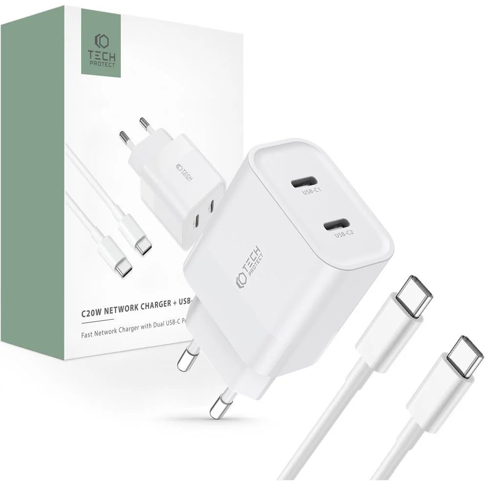 Tech-Protect C20W sieťová nabíjačka 2x USB-C 20W + kábel USB-C, biela
