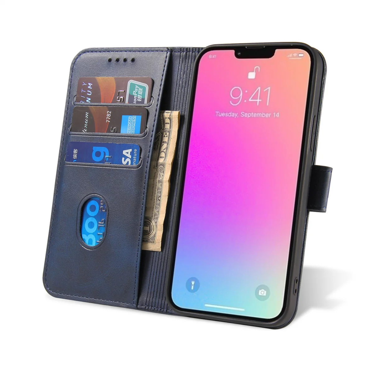 MG Magnet knižkové kožené puzdro na iPhone 13 Pro, modré