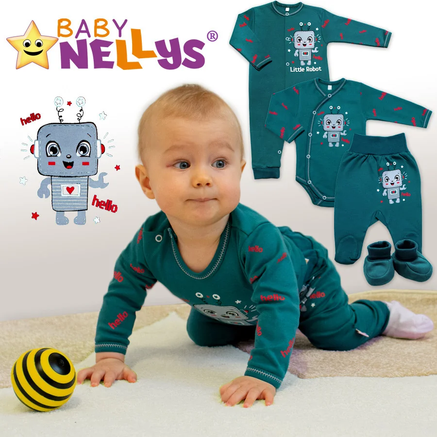 Baby Nellys Bavlnený dojčenský overal bez šľapiek Little Robot, tmavo zelený, veľ. 86
