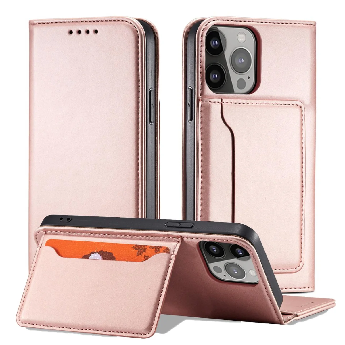 MG Magnet Card knižkové kožené puzdro na iPhone 13 Pro, ružové