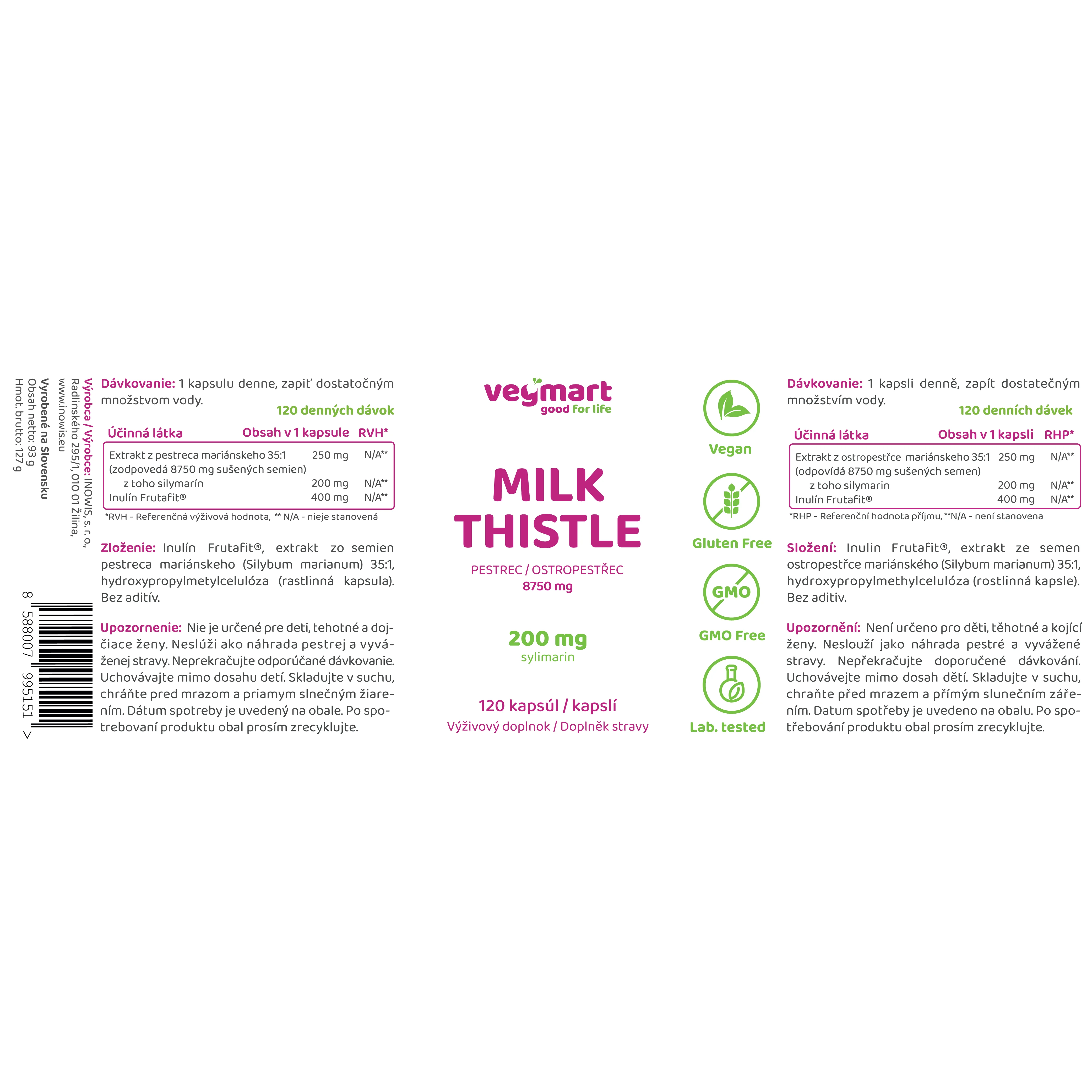 Vegmart Pestrec Mariánsky 250 mg, 120 kapsúl