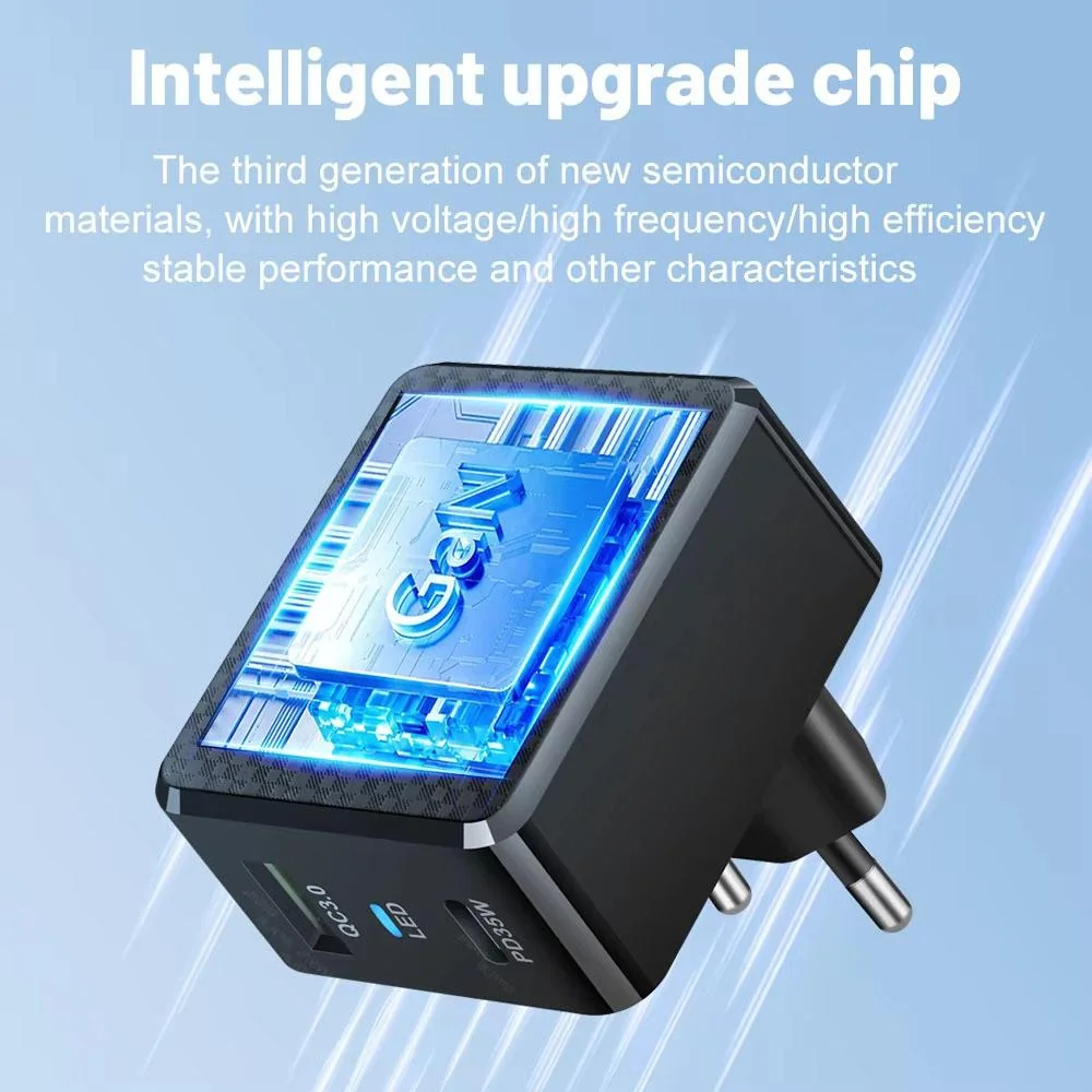 Sieťová Nabíjačka GaN, USB, Type-C, Rýchle Nabíjanie 1 x 1.75A, 1 x 18W, 48 x 42 x 60 mm