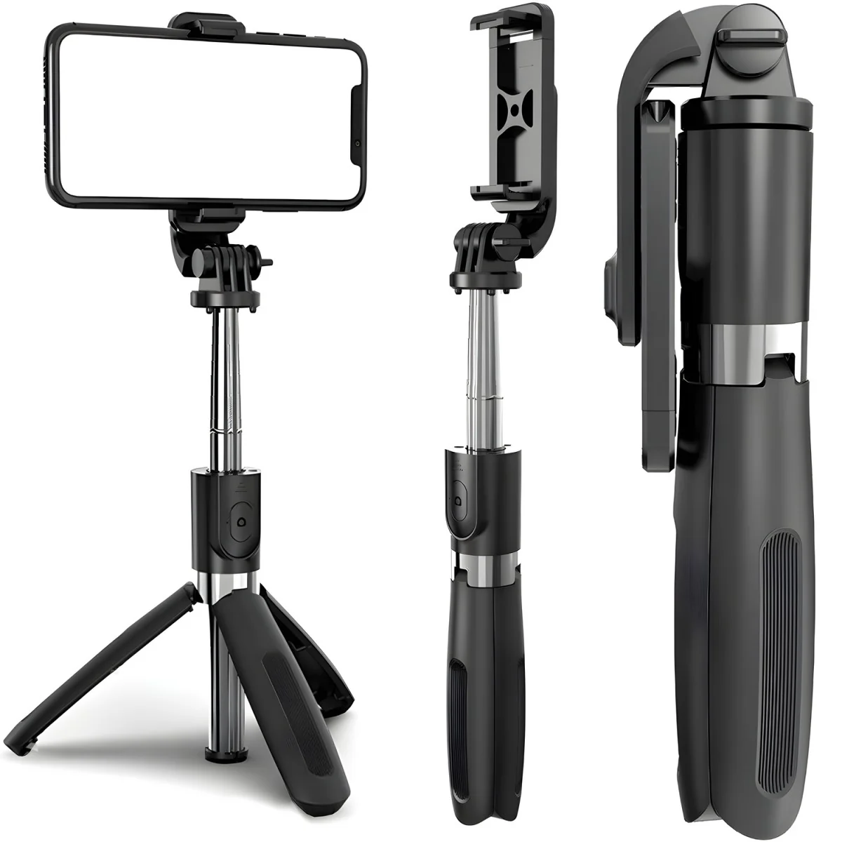 Selfie tyč so statívom, teleskopická, s Bluetooth diaľkovým ovládaním, čierna