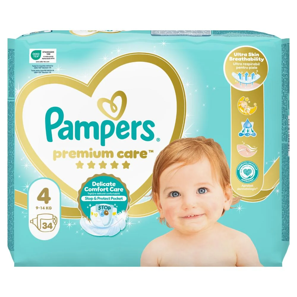 Pampers Premium Care detské plienky, veľkosť 4, 9kg-14kg 34 ks