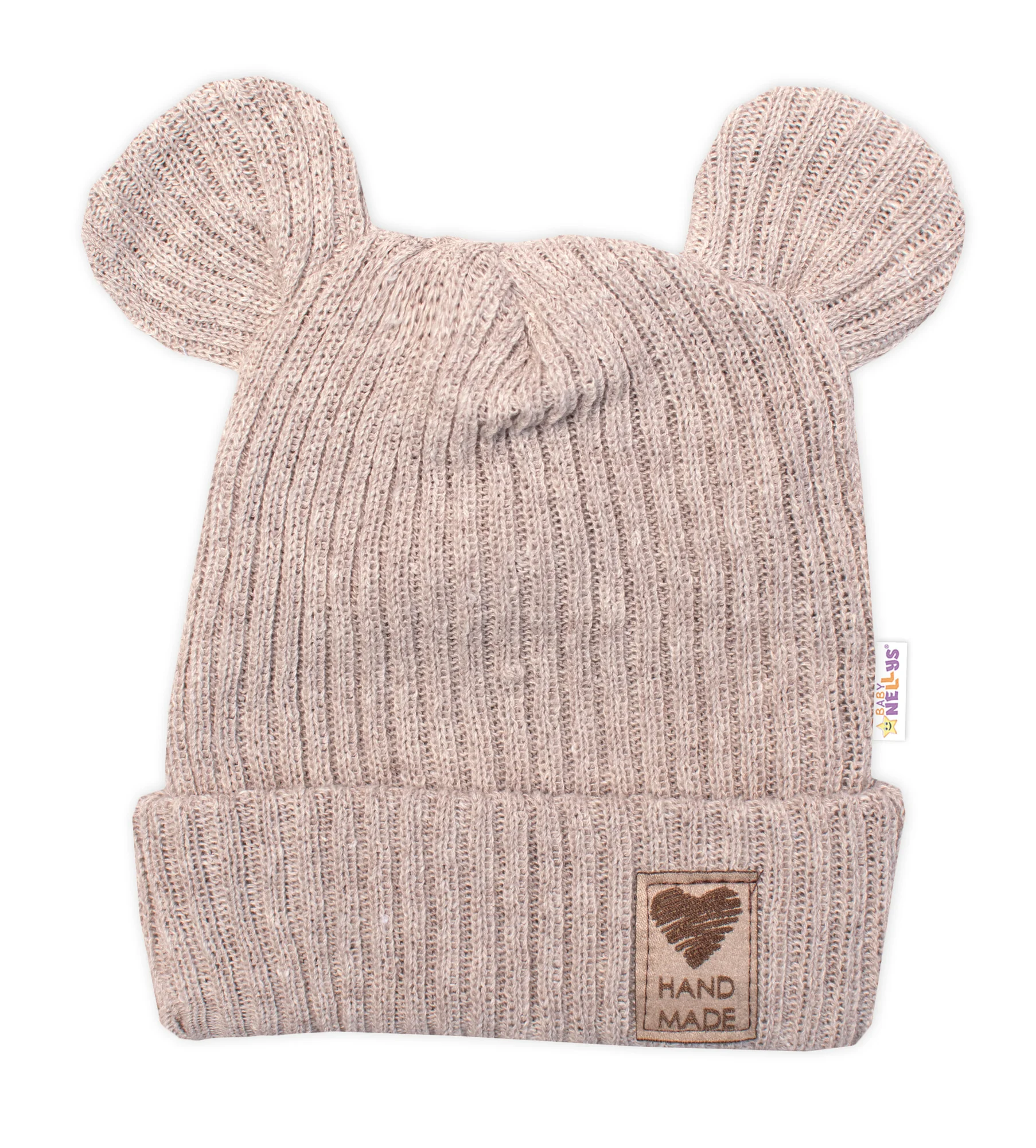 Pletená bavlněná čiapka s uškami, dvojvrstvová, Hand Made Baby Nellys, béžová