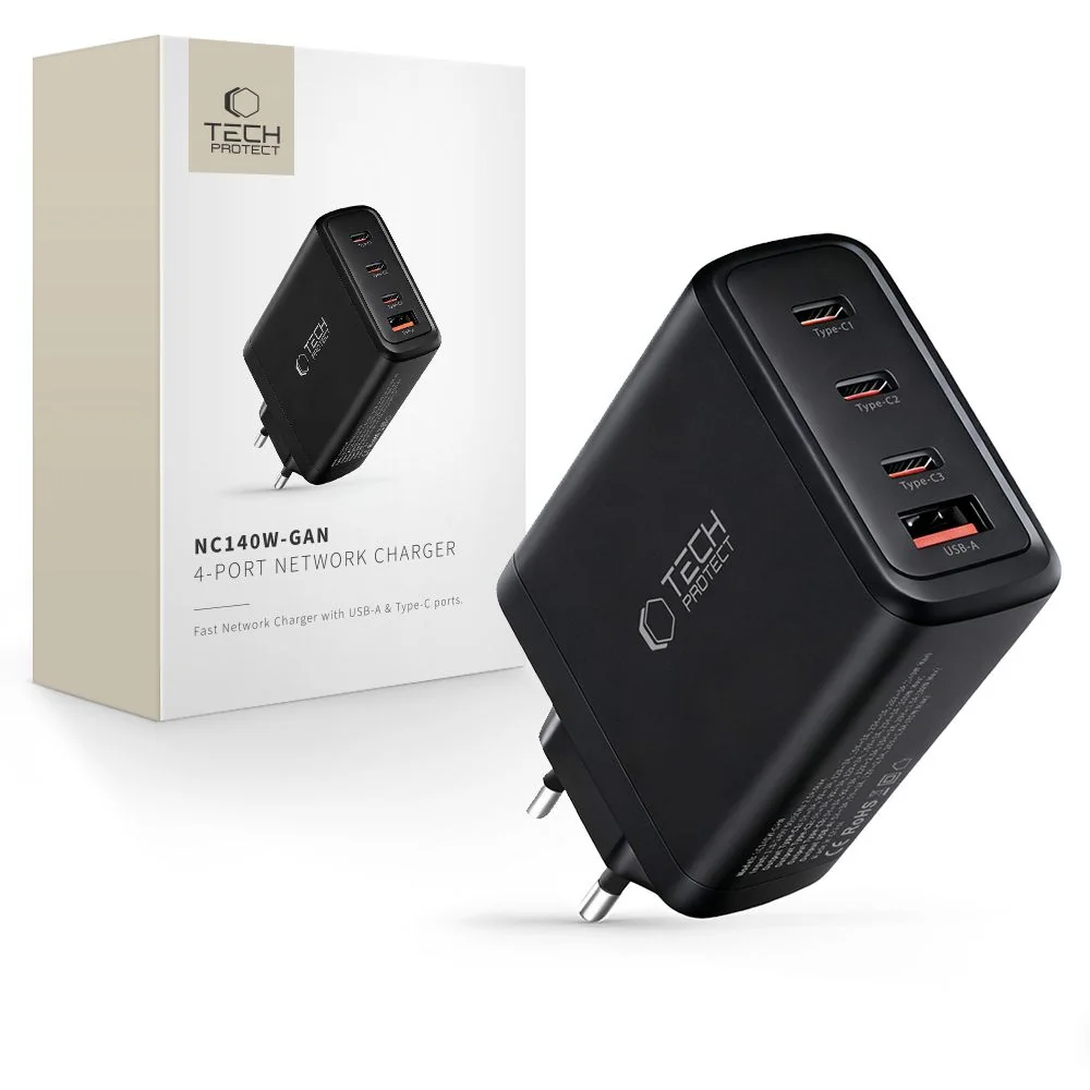 Tech-Protect NC140W GaN sieťová nabíjačka USB / 3x USB-C 140W PD QC, čierna ierna
