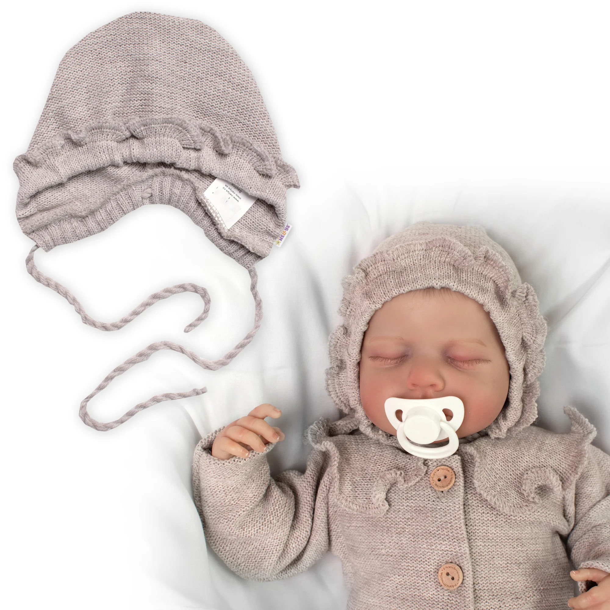 Pletená čiapočka na zaväzovanie bonetka Girl, Hand Made Baby Nellys, bežová, veľ. 68/74