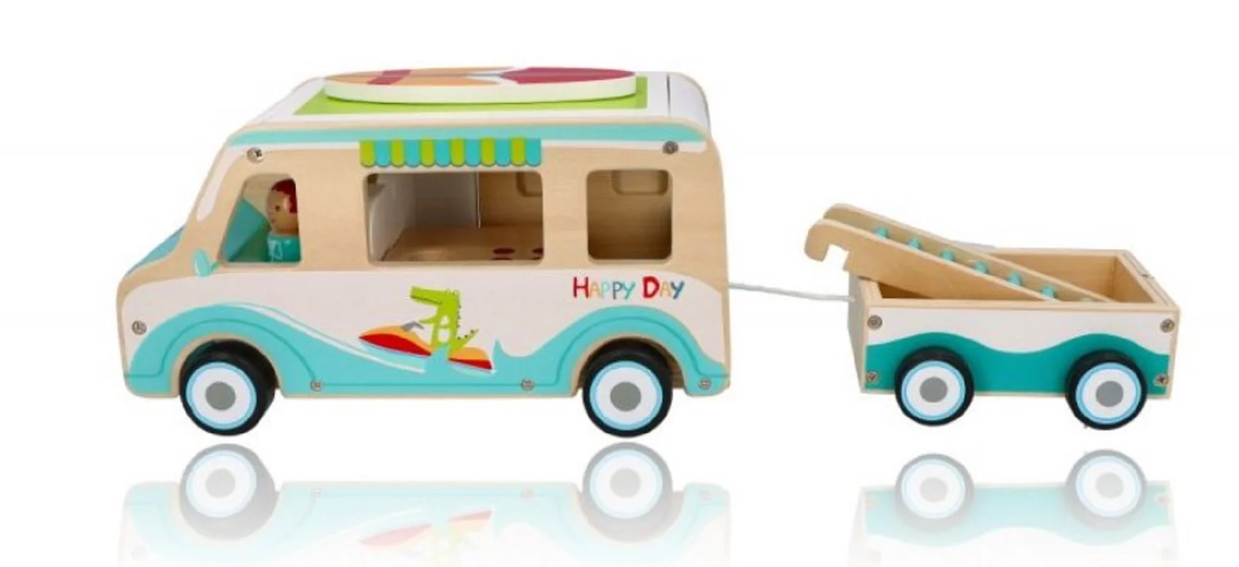 Adam Toys Drevený auto karavan s prívesom a príslušenstvom