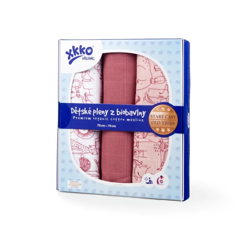 XKKO Organic Staré časy plienky z biobavlny Safari Mesa Rose MIX 70x70, 3 ks