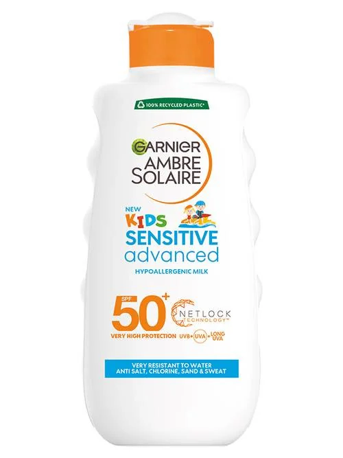Garnier Ambre Solaire Sensitive Advanced Kids opaľovacie mlieko, veľmi vysoká ochrana na citlivú detskú pokožku, SPF 50+, 175 ml 1×175 ml, opaľovacie mlieko na detskú pokožku