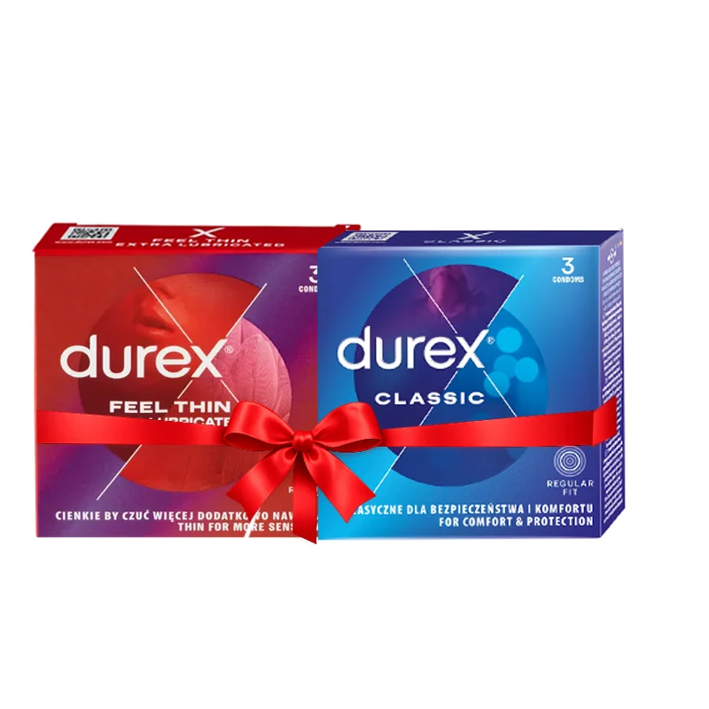 DUREX kondómy set Classic 3ks + Feel thin Extra Lubricated 3ks Durex kondómy 1x Feel Thin extra lubricate 3ks + 1x Classic 3ks