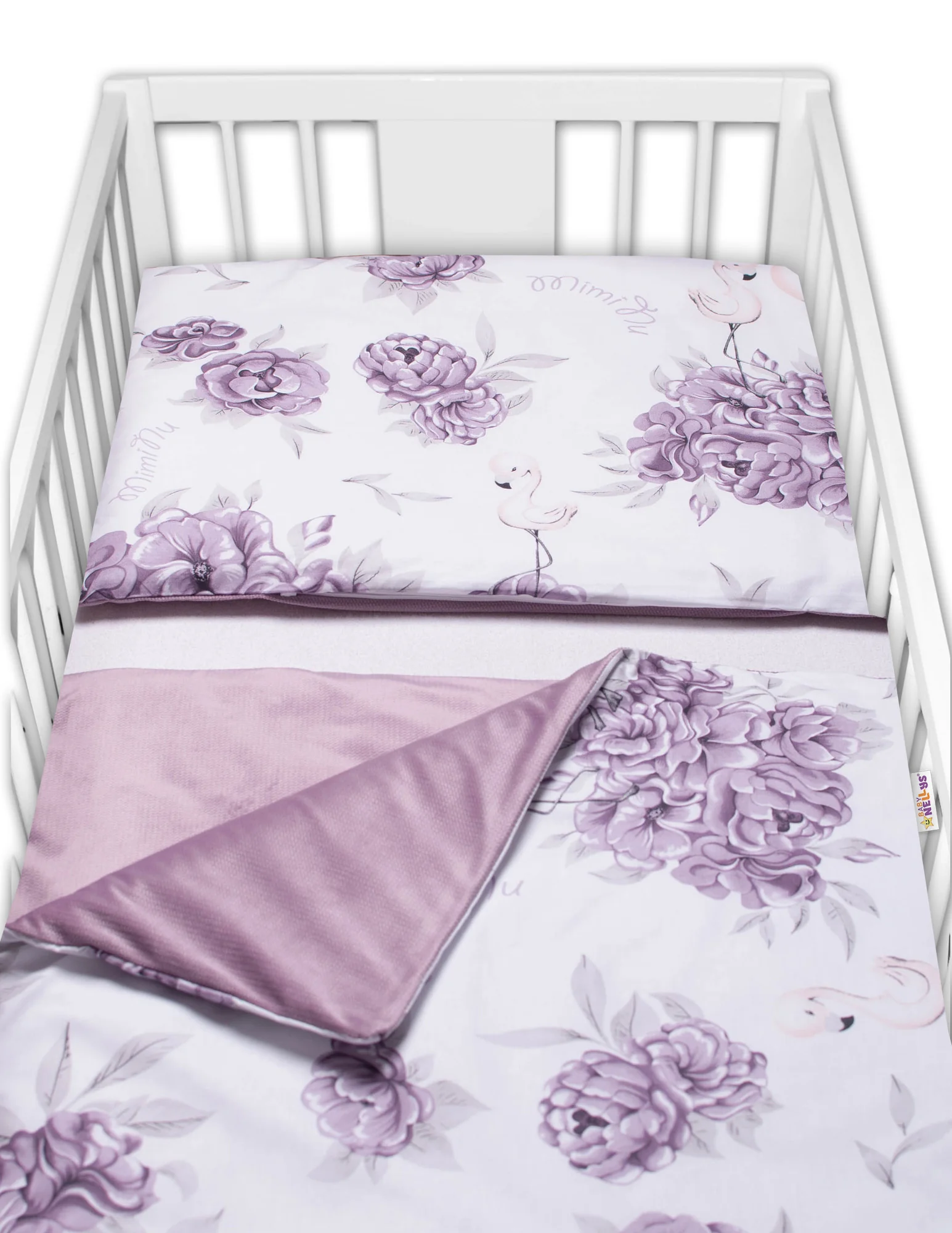 BABY NELLYS 3-dielna sada Mantinel s obliečkami, bavlna/velvet, Plameniak - slivkový