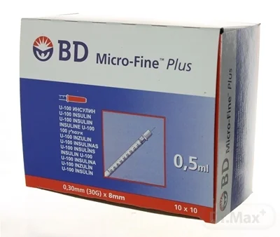 BD MICRO FINE PLUS inzulínové striekačky 10×10 ks, 0,5 ml, 30 g, striekačka