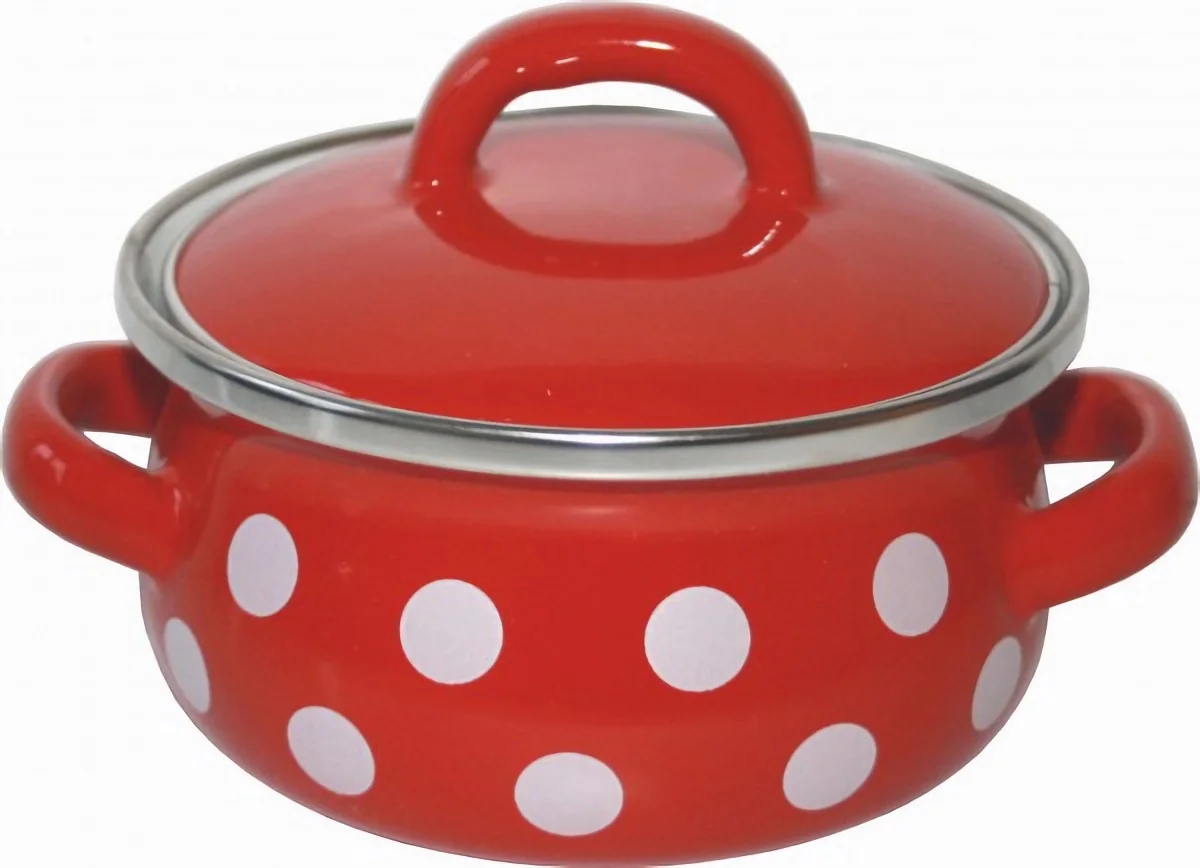 Nízky hrniec s pokrievkou červený bodkovaný 10 cm 0,5 l METALAC