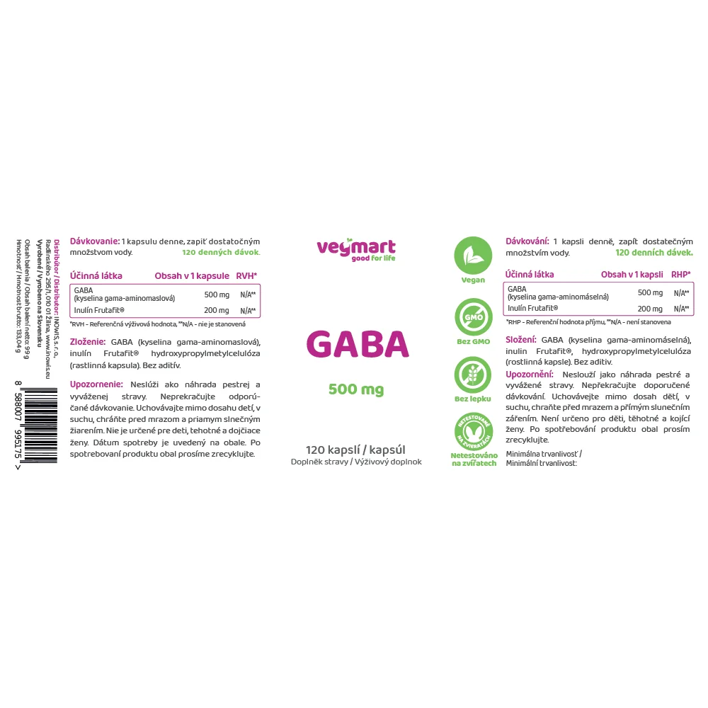 Vegmart GABA 500 mg, 120 kapsúl