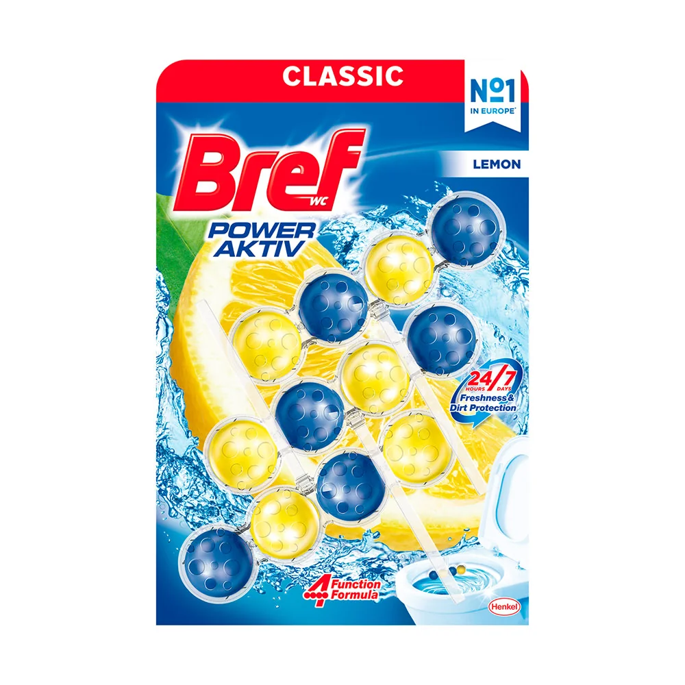 Bref Power Aktiv tuhý WC blok Lemon 3×50 g 3×50 g, WC blok