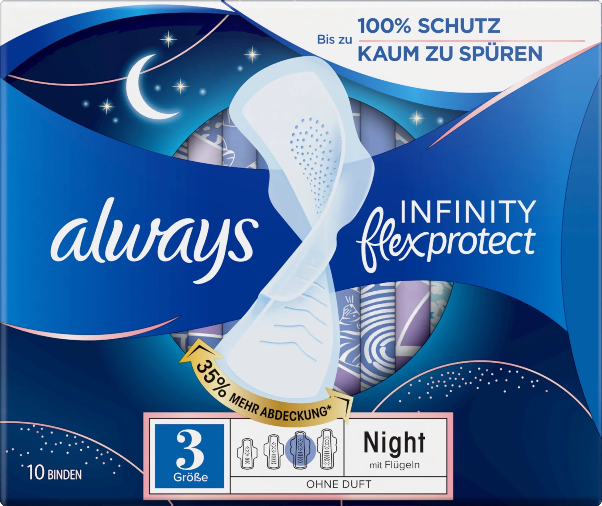 Always Infinity Night (Size 3) Hygienické Vložky Krídelká 10 Revolučná Technológia Always Best Comfort & Protection Vložky  1×1ks, vložky