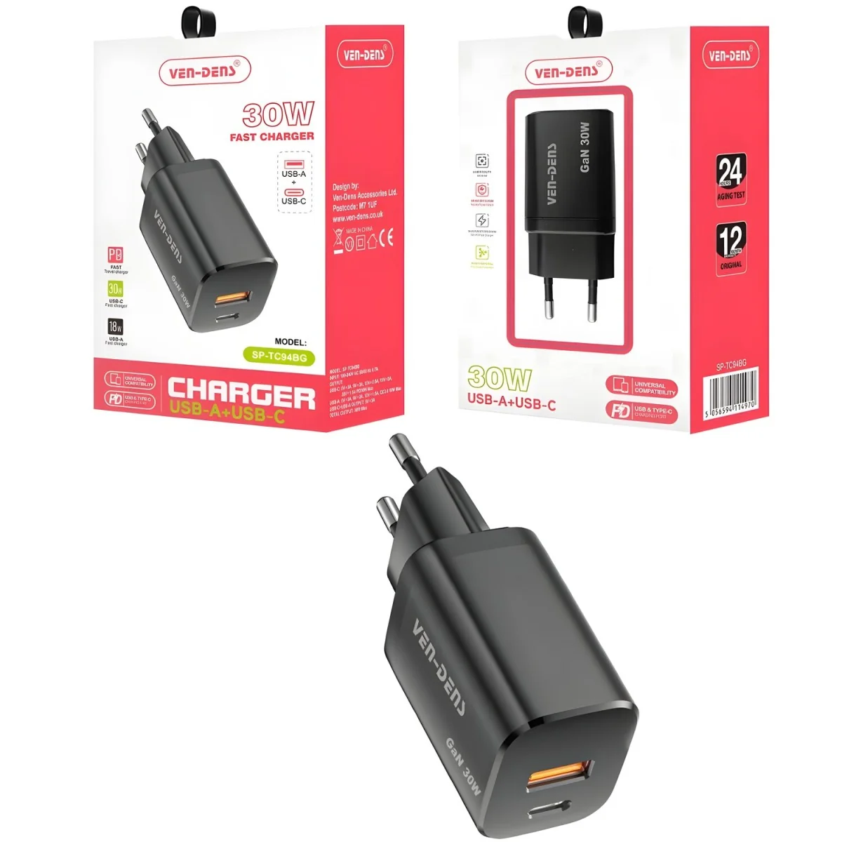 30W USB Type-C rýchlonabíjacia sieťová nabíjačka 1x USB, 1x Type-C