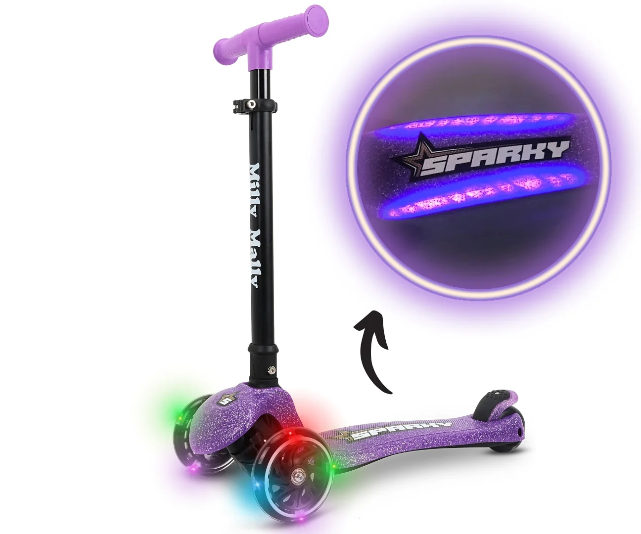 Detská kolobežka SPARKY LED trojkolová – svietiace kolieska, nastaviteľná, fialová