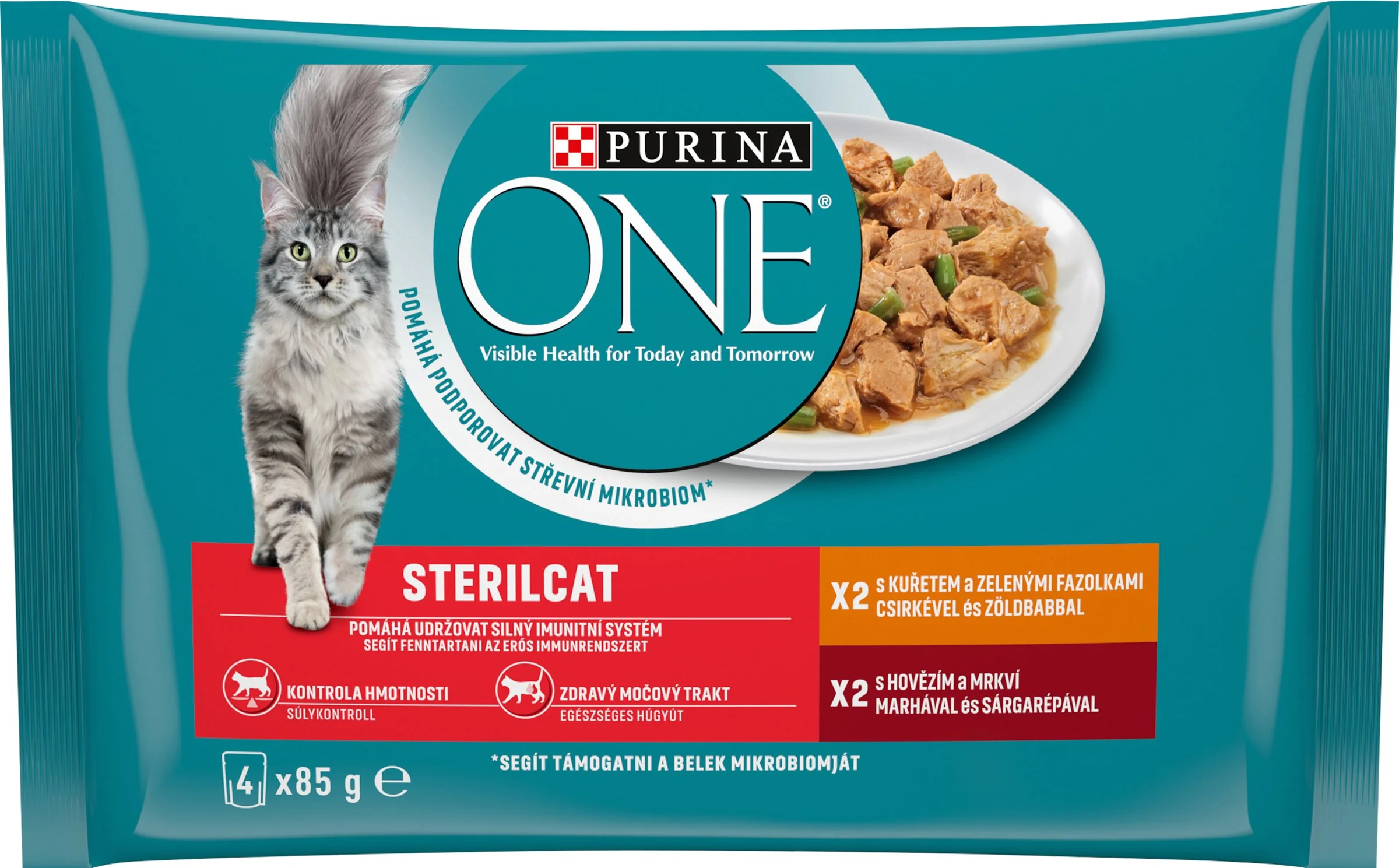 PURINA ONE Sterilcat mini filetky s kuracím a zelenými fazuľkami / s hovädzím a mrkvou v šťave (4x85g) 4×85g, kapsičky pre kastrované / sterilizované mačky