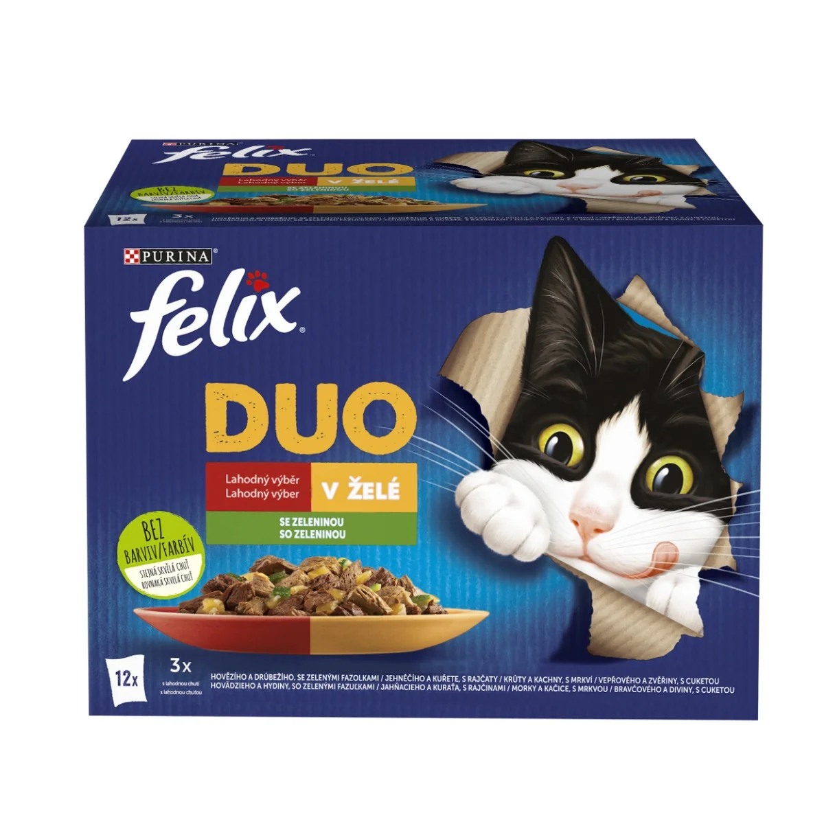 Felix Fantastic DUO kapsičky pre mačky hovädzie a hydinové, jahňacie a kura, morka a kačica, bravčové a divina 12×85 g 12×85 g, kapsičky pre mačky