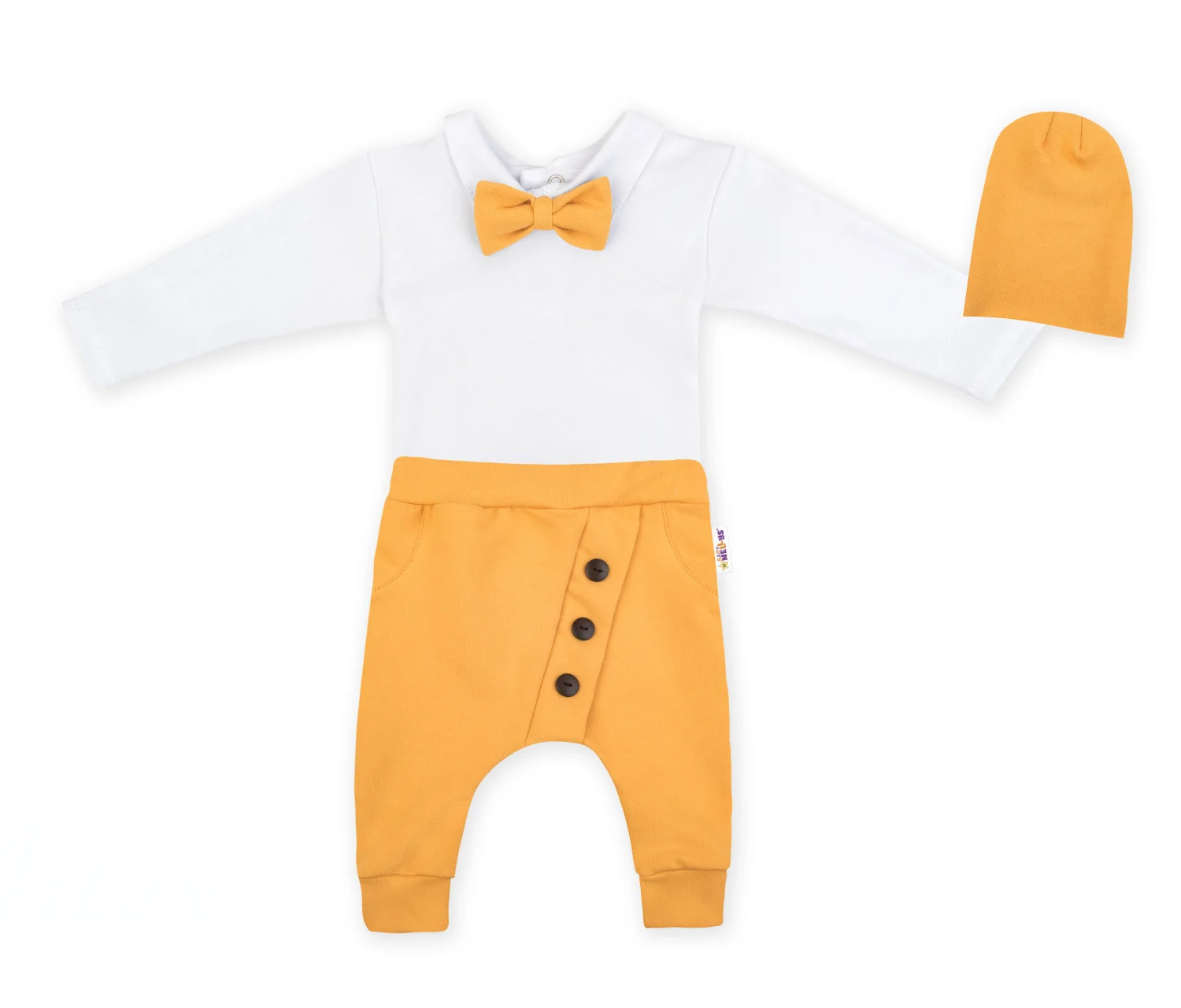Baby Nellys 3-dielna sada Hubert, body s motýlikom, tepláčiky a čiapočka - hořčica, veľ.92