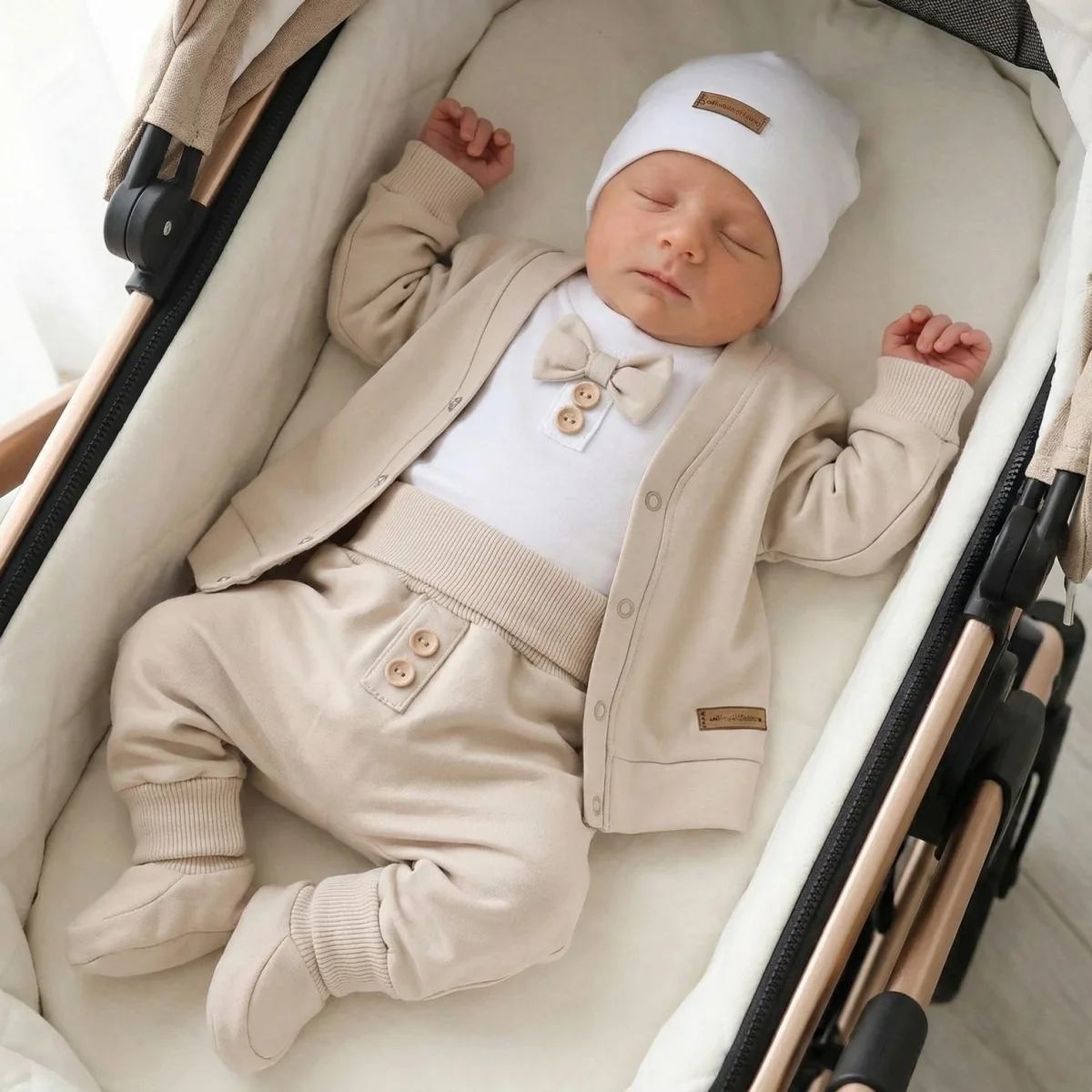 Bavlnená sada, body, nohavice, motýlik a čiapka Elegant Boy 5D, béžová/biela