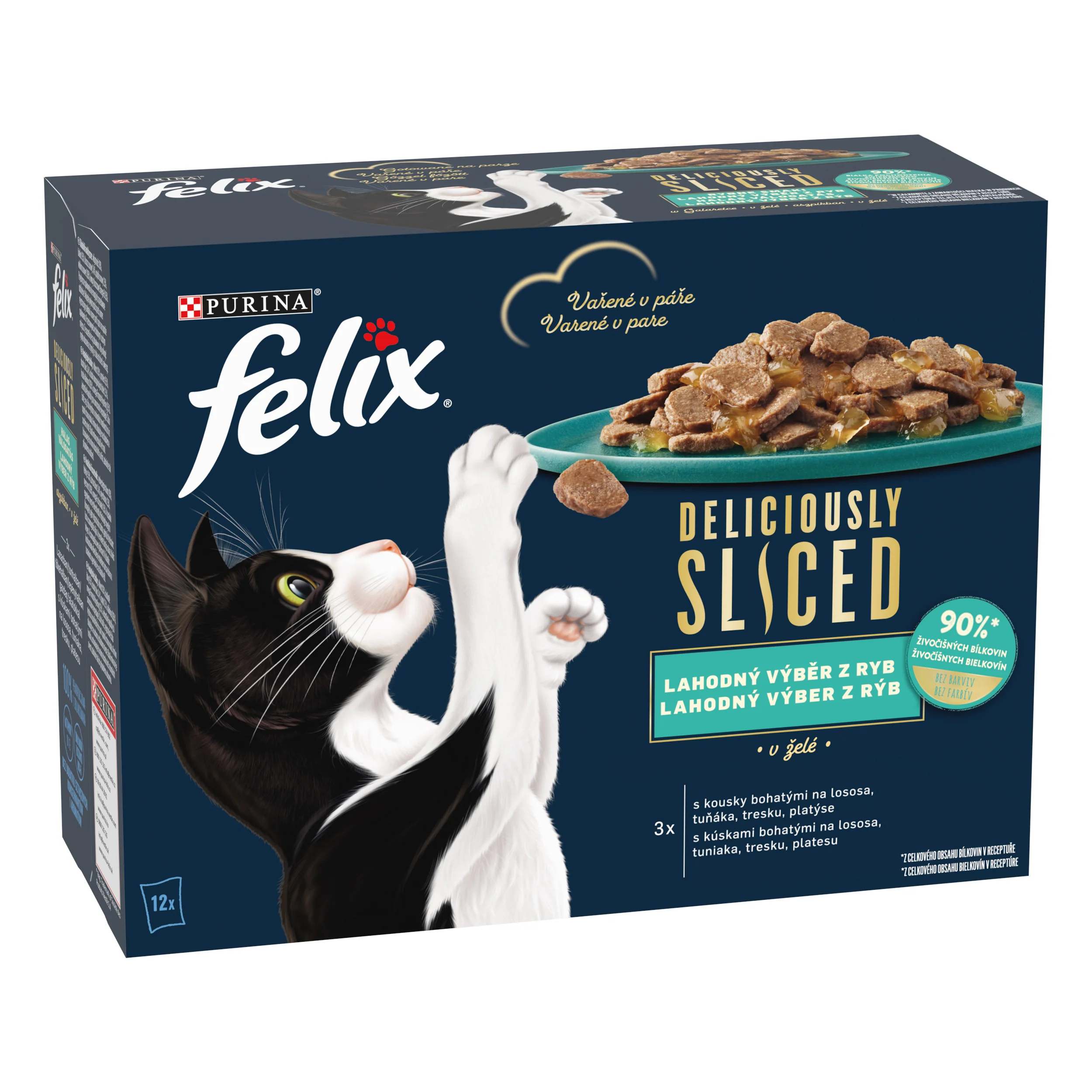 Felix Deliciously Sliced kapsičky pre mačky losos, tuniak, treska, platesa v želé 12×80 g 12×80 g, kapsičky pre mačky
