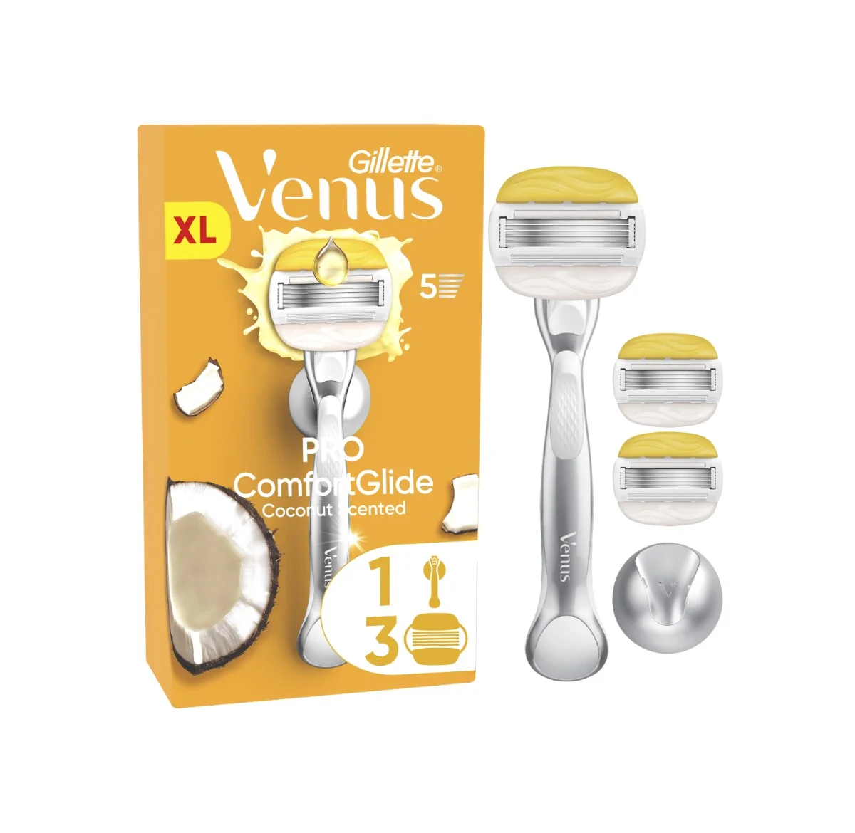 Gillette Venus Pro ComfortGlide Coconut holiaci strojček, 3 holiace hlavice + nástenný držiak 1 set