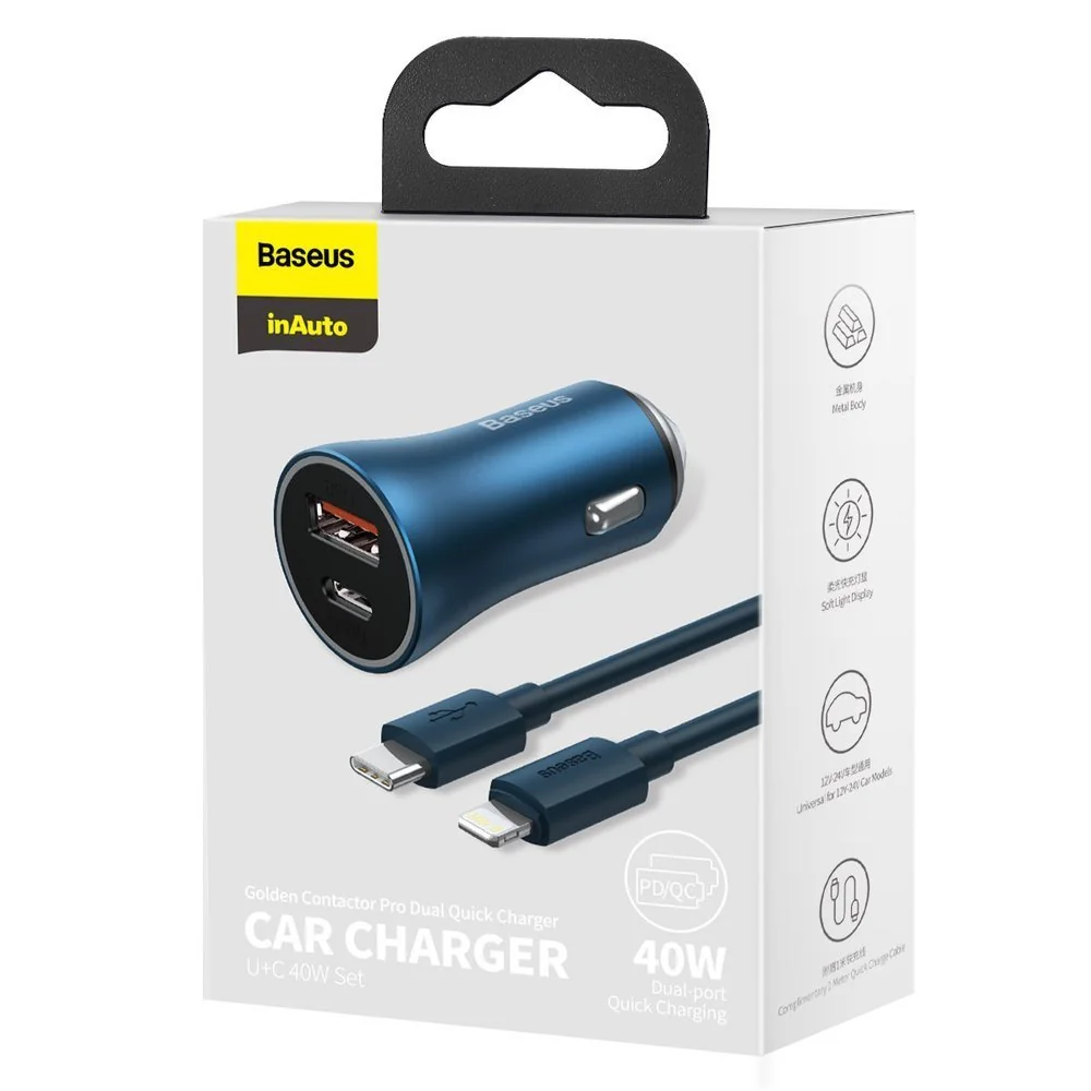Baseus Golden Contactor Pro autonabíjačka USB-C / USB 40W PD QC + kábel USB-C / Lightning, modrá l USB-C / Lightning, modrá