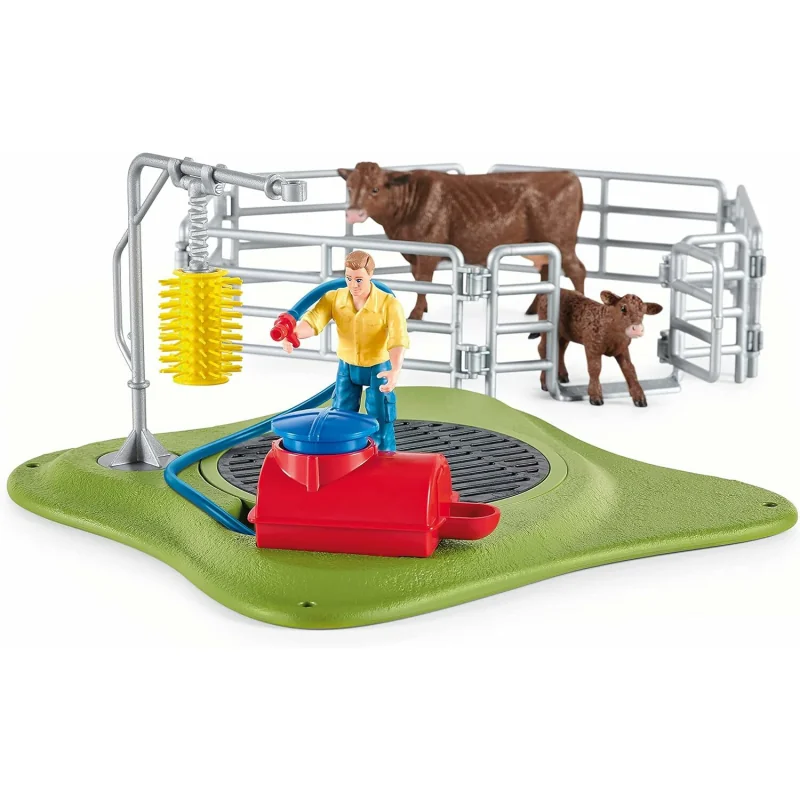 Schleich Umývacia stanica pre kravy – set s farmárom, kravou a teľaťom