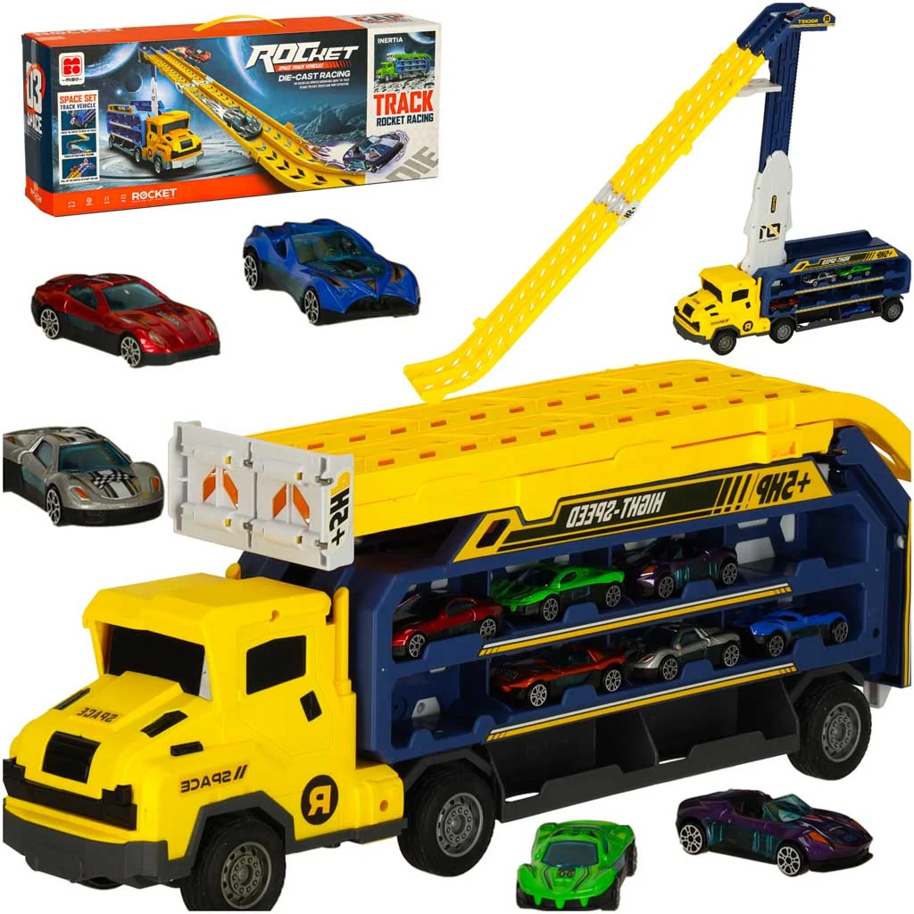 Sklápací transportér so šmýkačkou + 6 autíčok, žltý