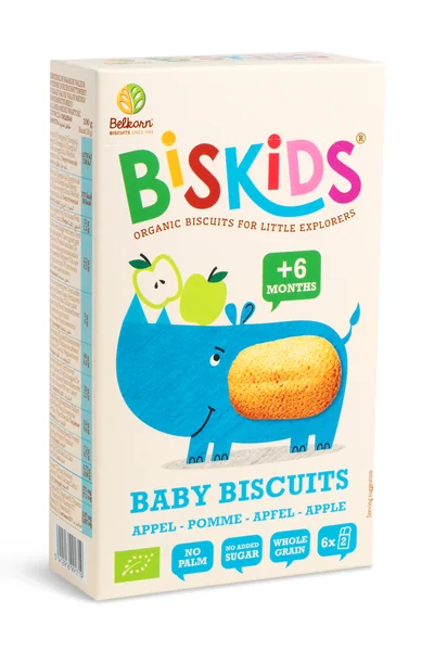 Belkorn BISkids – BIO mäkké detské celozrnné sušienky s jablčnou šťavou 1×120 g, celozrnné sušienky