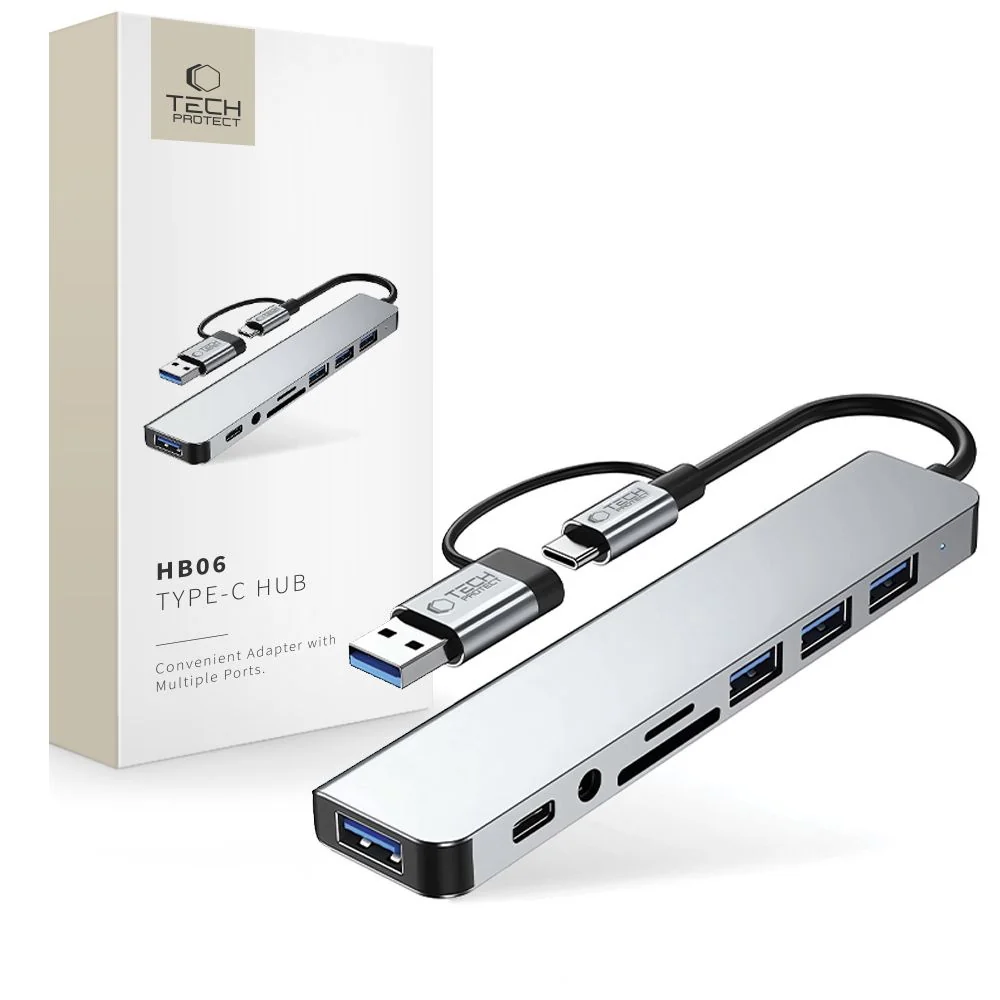 Tech-Protect HB06 HUB adaptér USB-C + USB - 4x USB / USB-C / SD / TF / AV 3.5, šedý AV 3.5, šedý