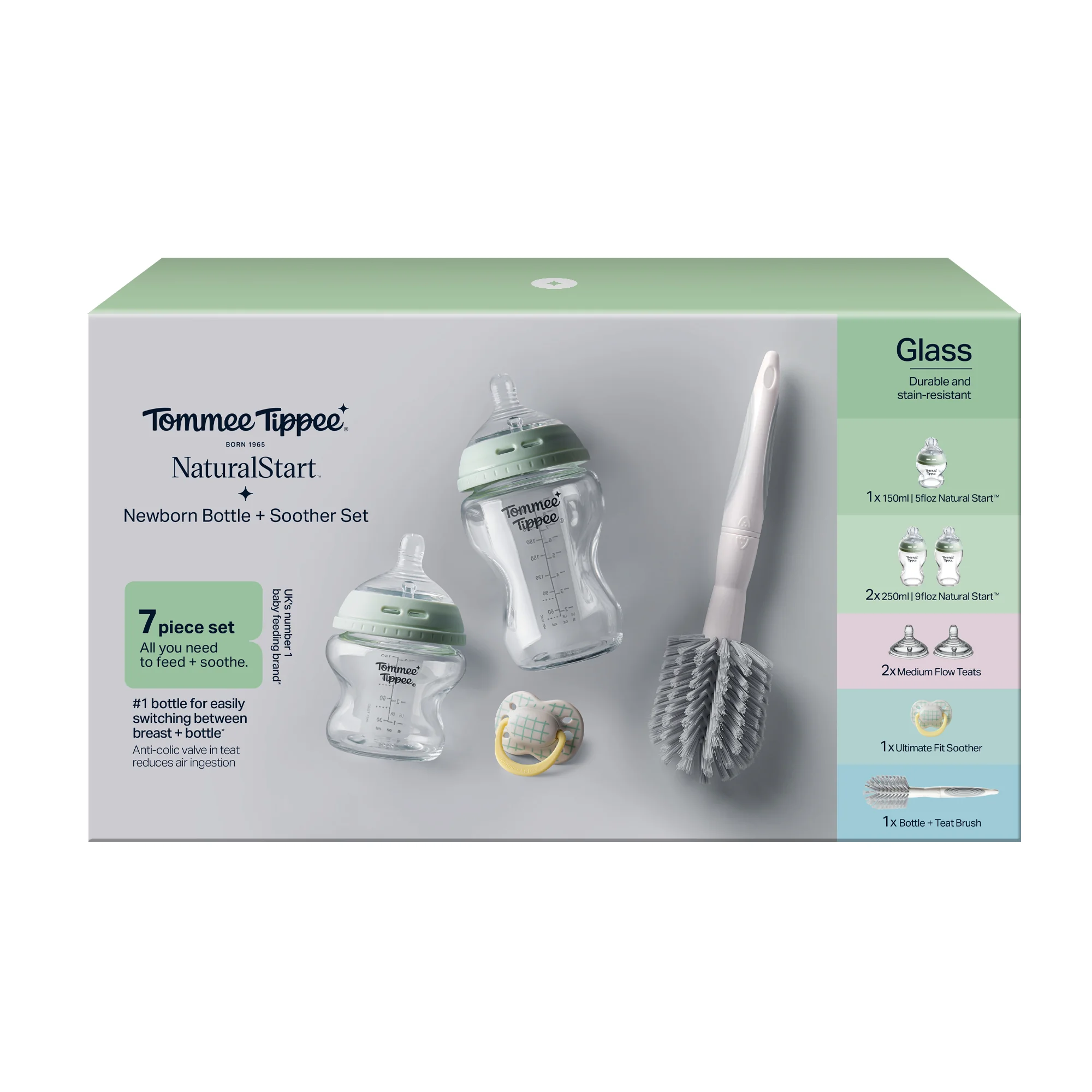 Tommee Tippee Natural Start ANTI-COLIC novorodenecký starter kit samosterilizačných sklenených flaštičiek, 0m+, zelená 150 ml + 250 ml