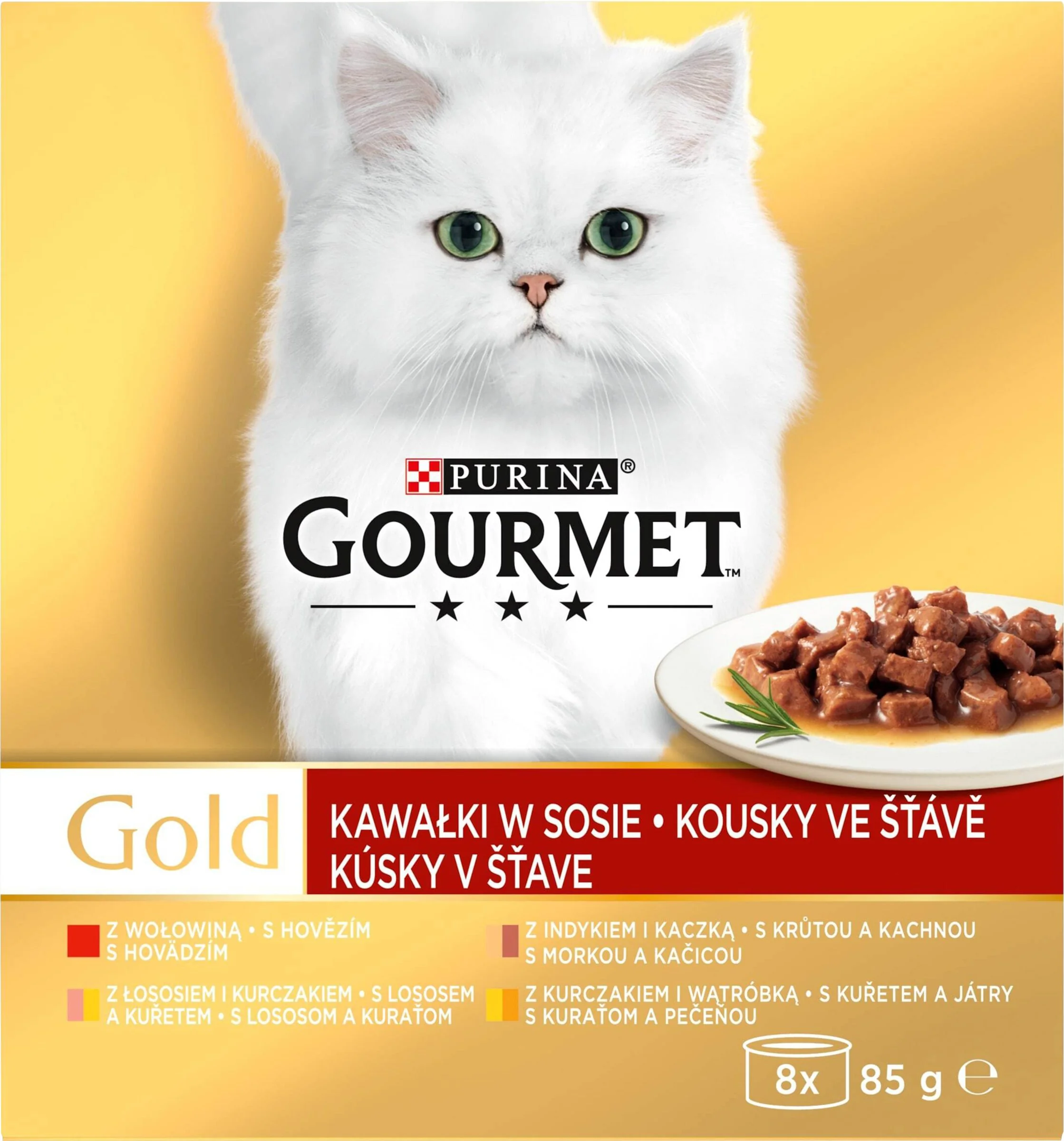 Gourmet Gold konzervy pre mačky hovädzie, morka a kačica, losos a kura, kura a pečeň v šťave 8×85 g 1×1 ks