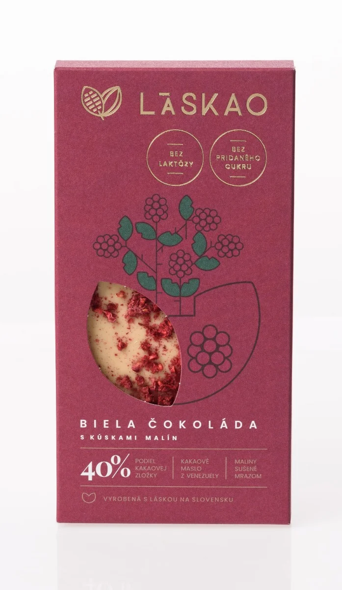 Laskao Biela čokoláda s kúskami malín 1×75 g, sladkosť