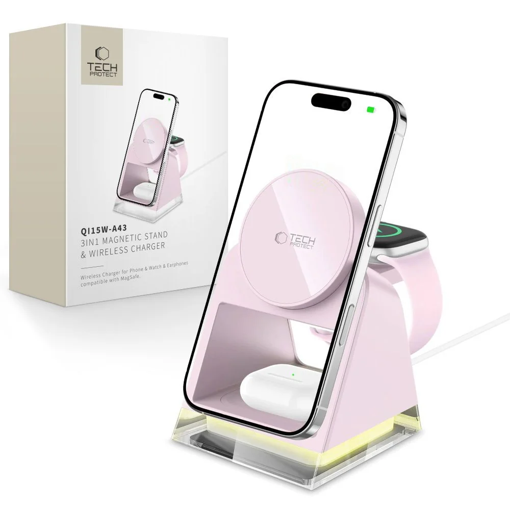 Tech-Protect A43 MagSafe bezdrôtová nabíjačka na mobil / Apple Watch / AirPods 15W, ružová AirPods 15W, ružová