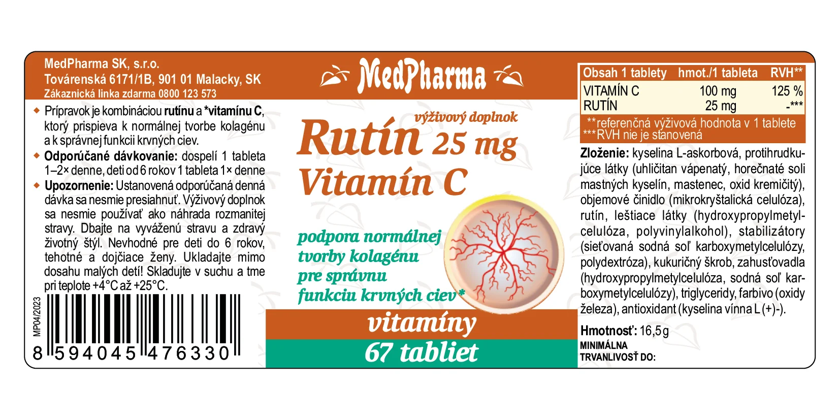 MP-RUTIN 25MG+VITAMIN C 100MG 67TBL 1×67 tbl, výživový doplnok