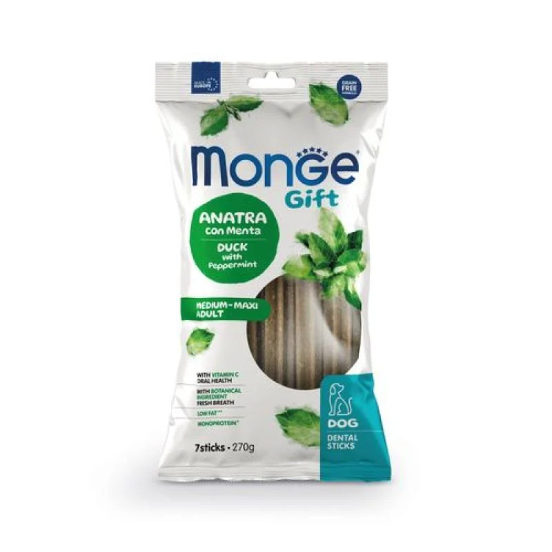 MONGE GIFT Dental Sticks Medium-Maxi Adult 270g/7ks dentálna pochúťka pre psov s kačacím mäsom a mätou