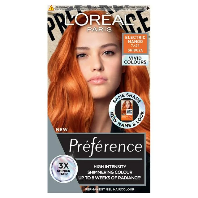 L'Oréal Paris Préférence Vivid Colors permanentná farba na vlasy 1×1 set, Shibuya - Electric Mango, 60+90+54 ml
