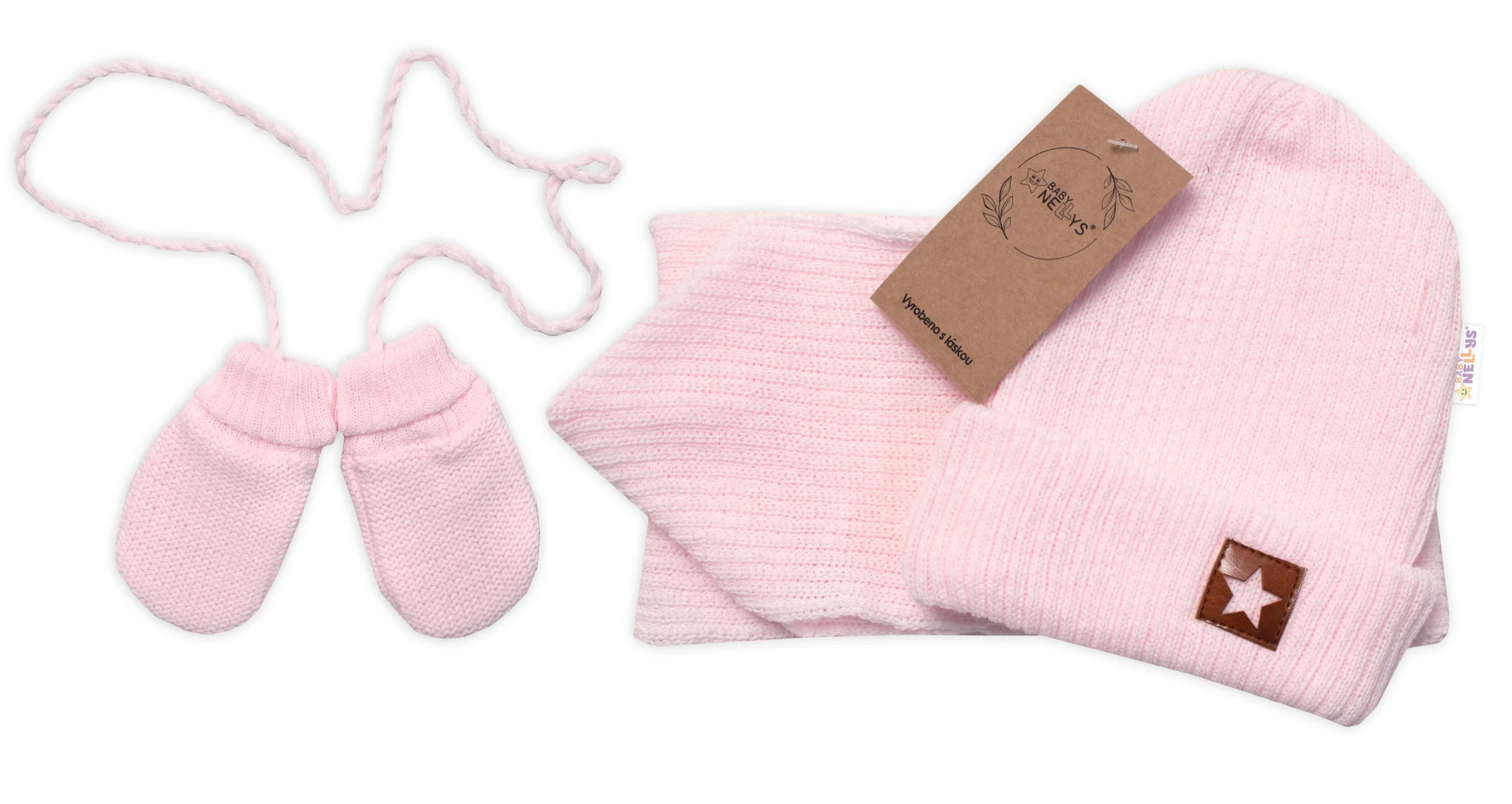 Baby Nellys Pletená čiapka so šálom a rukavičky 3v1, STAR - sv. růžová, 68/74