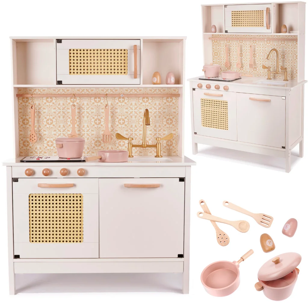 Drevená kuchynka RETRO s doplnkami – krémová, 100 cm 